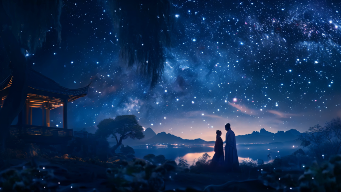 七夕情人节唯美画面牛郎织女鹊桥花灯美景