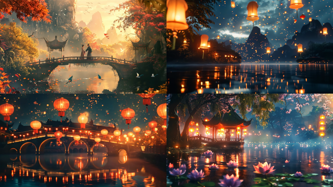 七夕情人节唯美画面牛郎织女鹊桥花灯美景