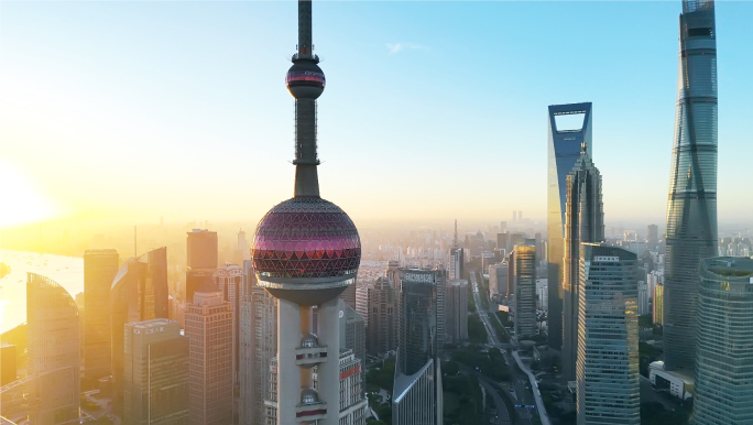 航拍上海陆家嘴日出  上海早晨 金色建筑