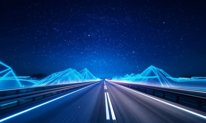 蓝色科技感的前进的道路和山峰星空无人驾驶
