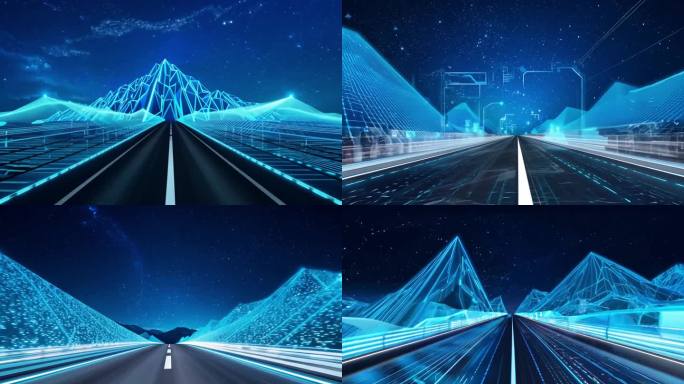 蓝色科技感的前进的道路和山峰星空无人驾驶
