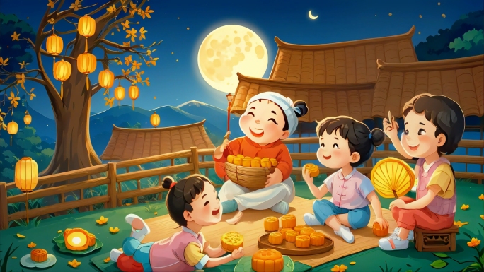 中秋 中秋节 团圆 赏月 吃月饼 卡通