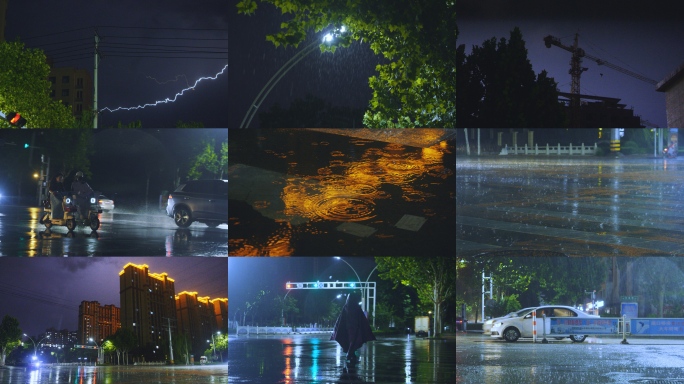 城市下雨城市暴雨打雷下雨天行人