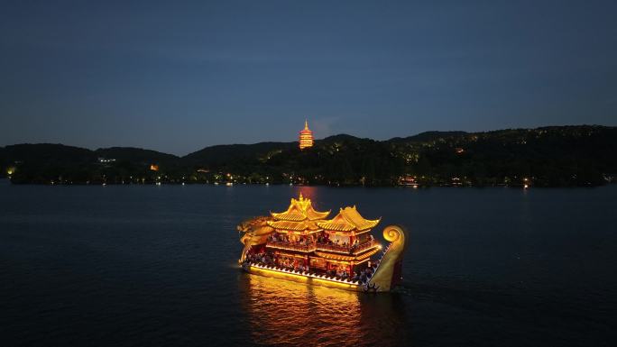 杭州西湖雷峰塔游船夜景航拍