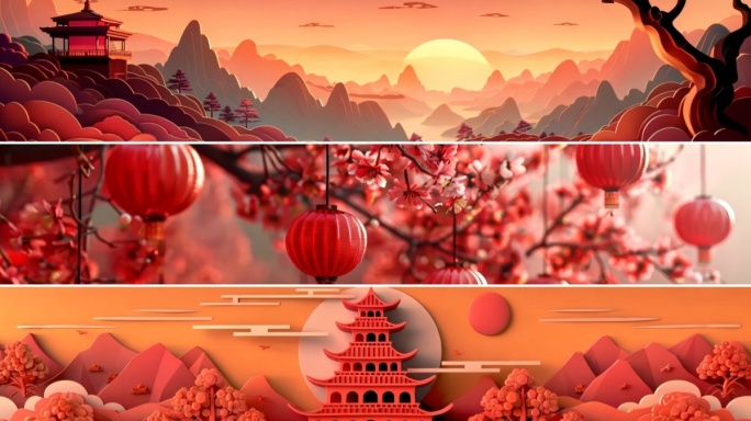 8k宽屏大气中国红国潮元素背景