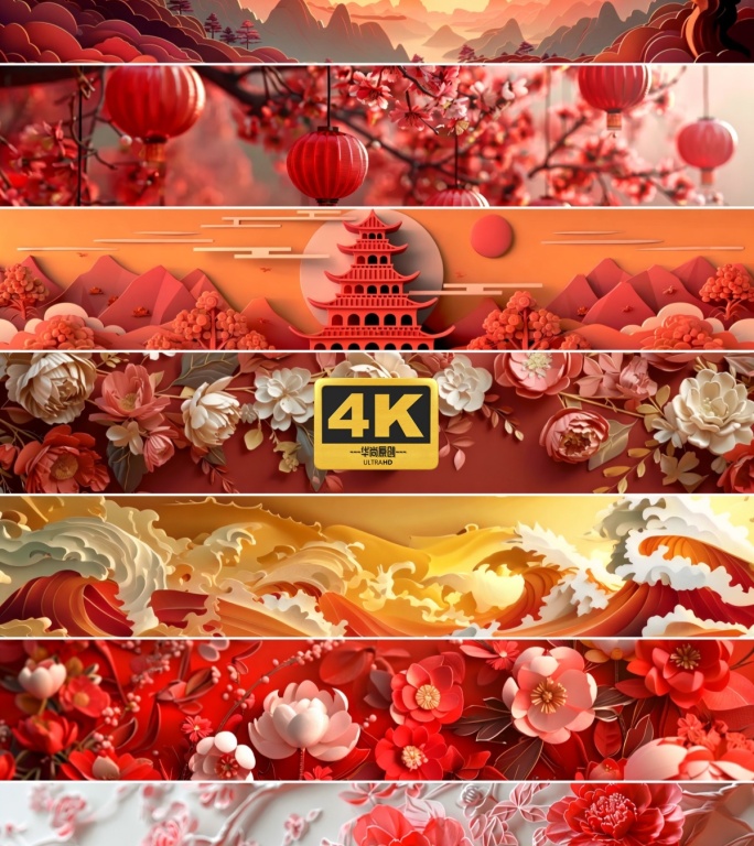 8k宽屏大气中国红国潮元素背景