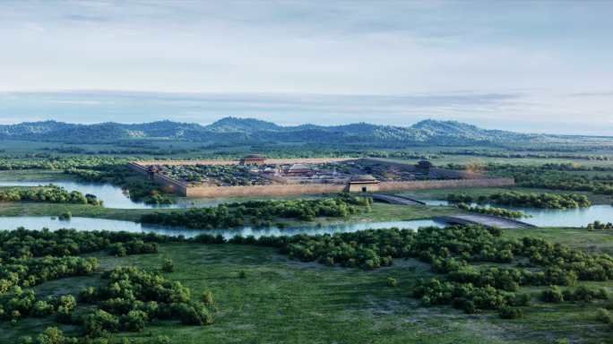 秦汉古城城池护城河城外古城墙远山河流交汇