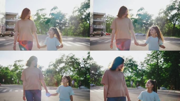 一对母女走在城市里，散发着爱和欢乐。宁静的场景体现了他们强烈而深情的联系，展示了亲密和谐的关系