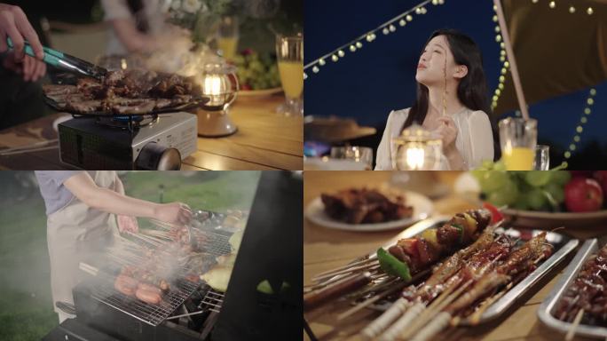 4K_露营烧烤聊天 草地美食聚会