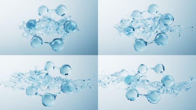 流动的水花与护肤品分子三维渲染