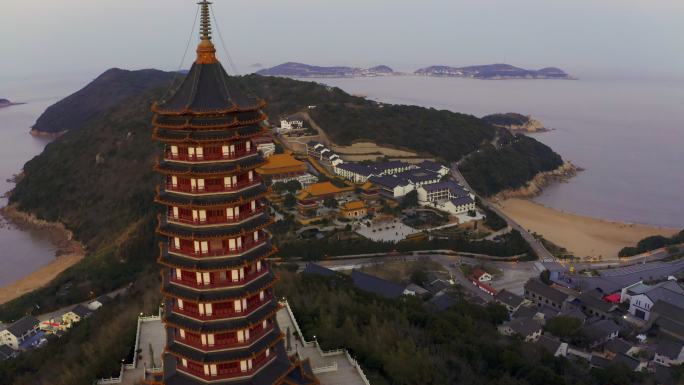 4K航拍浙江普陀山宝陀讲寺普门万佛宝塔