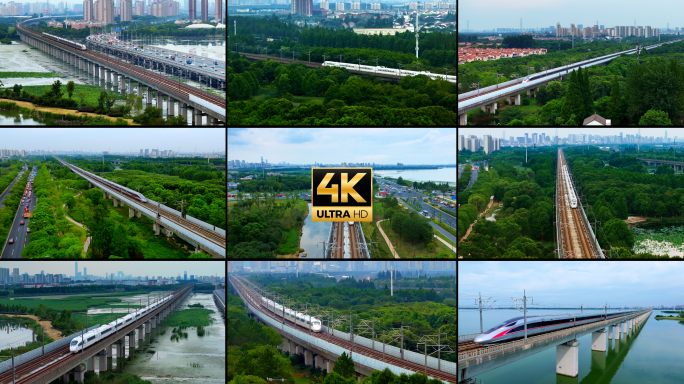 4k各种高铁行驶城市外水面高铁线路