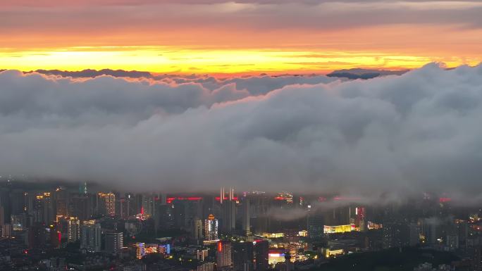 航拍湖北宜昌城市夜景日落晚霞云海