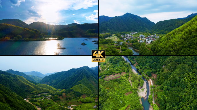 4k航拍山间溪流山里的村庄美丽乡村建设