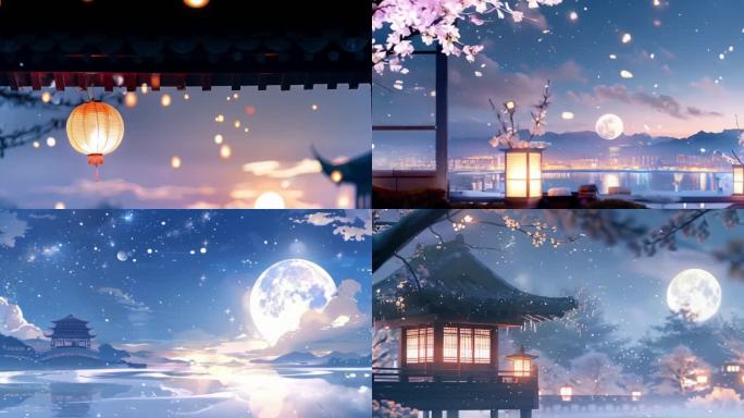 中秋、灯笼、亭子、水中月、意境、场景