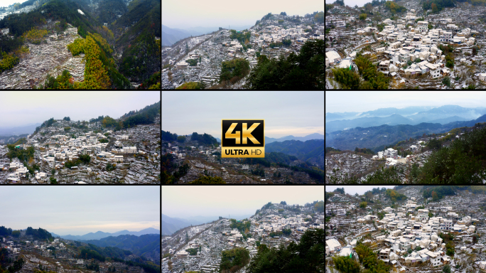 4k航拍下雪后的山村山腰间的村庄