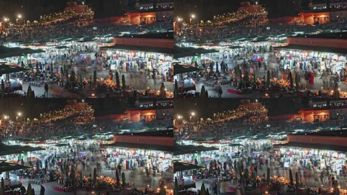 马拉喀什Jemaa el-Fna的一个繁华的夜市，挤满了人和充满活力的摊位，时间流逝