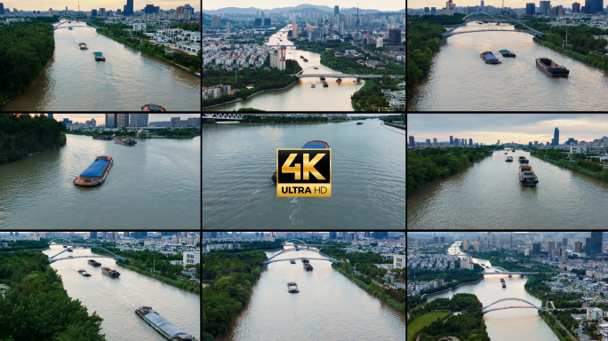 4k京杭大运河城市古运河夕阳运河轮船