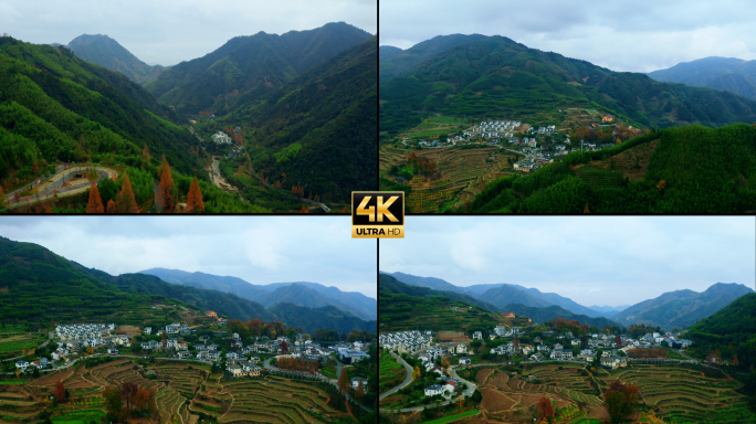 4k航拍清晨山腰间山顶的村庄原生态村庄