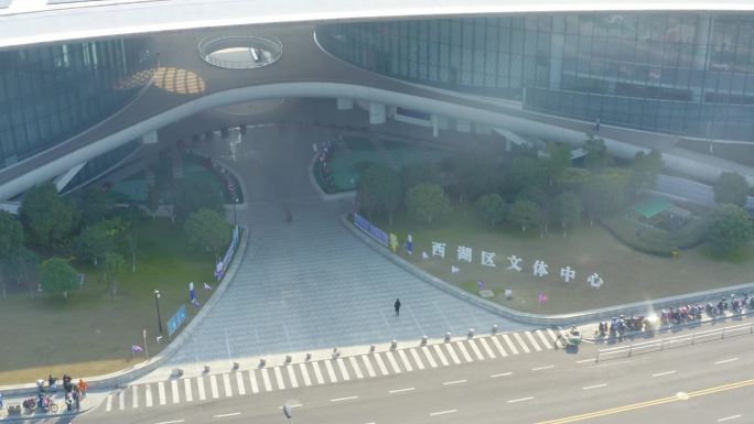 实拍西湖文体中心杭州城市地标高空航拍俯拍