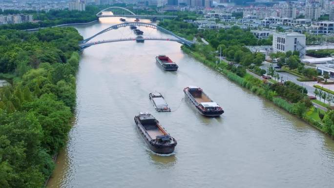 4k京杭大运河城市古运河夕阳运河轮船