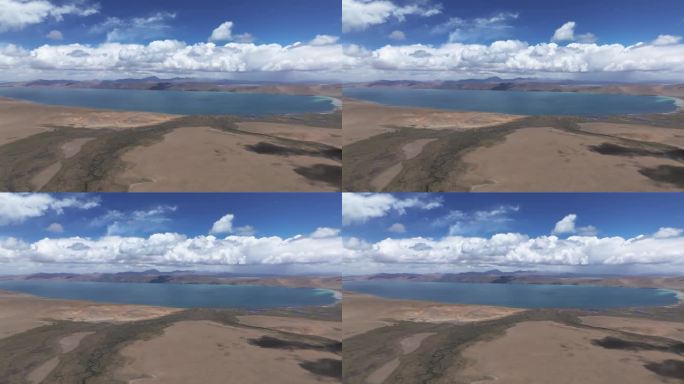 航拍西藏晴天下的青藏高原湿地湖泊景观