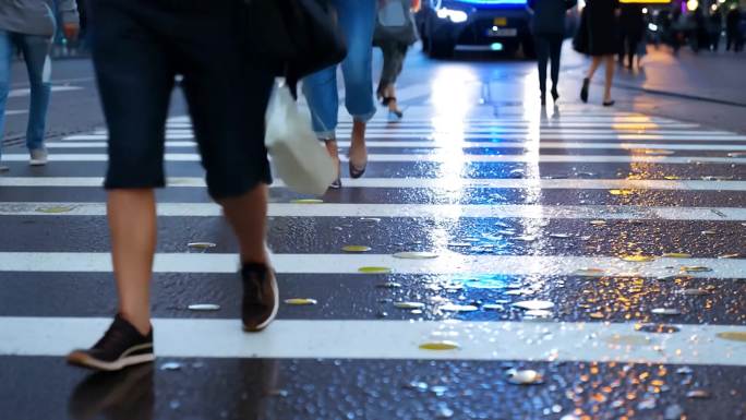 街道忙碌的行人斑马线4K都市繁华脚步