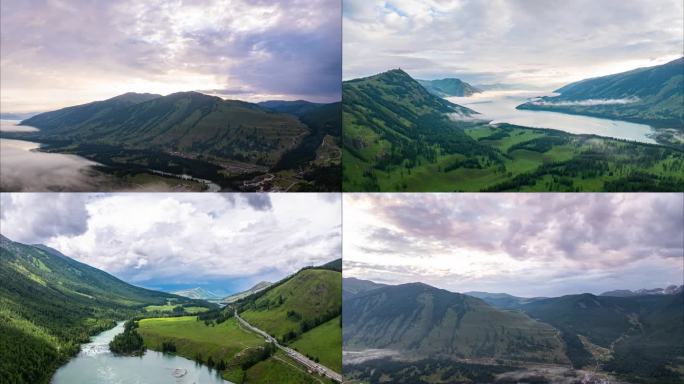 新疆阿勒泰地区喀纳斯湖日出航拍延时摄影