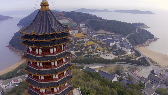 4K航拍浙江普陀山宝陀讲寺普门万佛宝塔