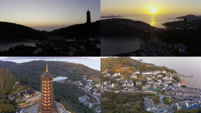 4K航拍普陀山宝陀讲寺普门万佛宝塔日出