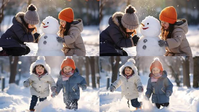 堆雪人 打雪仗 小朋友雪中奔跑
