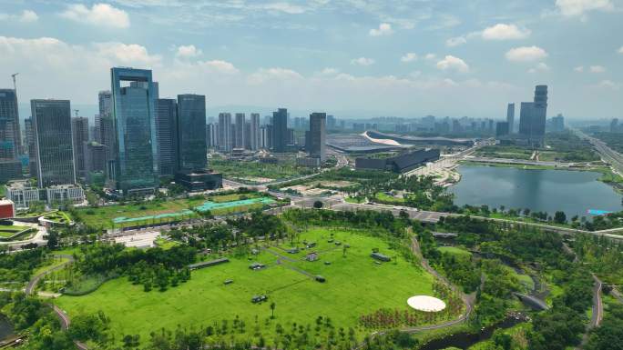 成都天府新区天府中央公园航拍4K御三