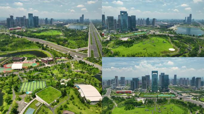 成都天府新区天府中央公园航拍4K御三