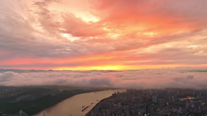 航拍湖北宜昌日落晚霞云海