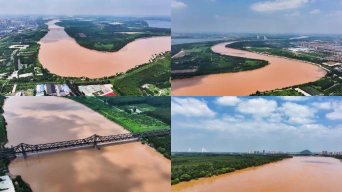 济南黄河黄河大桥黄河铁路大桥黄河航拍延时