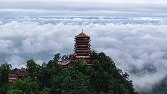航拍都江堰青城山景区云海