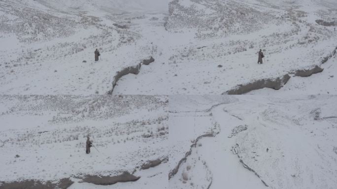 情景再现 航拍 雪中行人 古人诗人 河西四郡 河西走廊 雪地 雪景 荒芜1