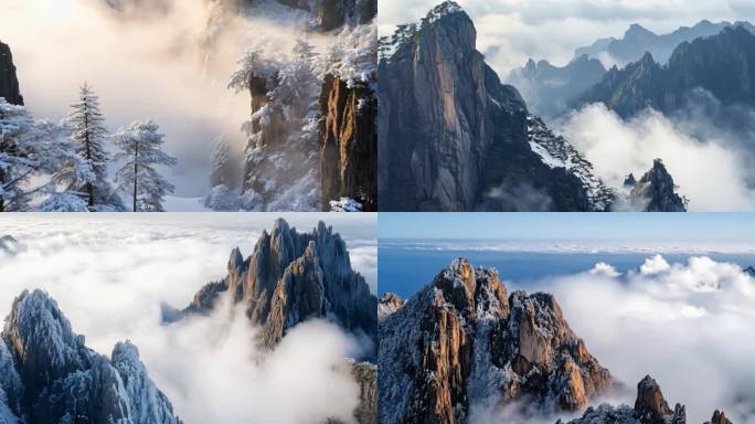 黄山迎客松日出云海雪景黄山风光航拍合集