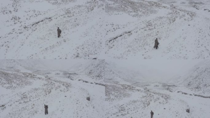 情景再现 航拍 雪中行人 古人诗人 河西四郡 河西走廊 雪地 雪景 荒芜