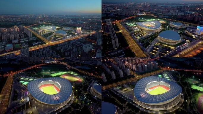 夏天傍晚时分苏州工业园区奥体中心风景航拍