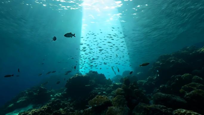 阳光透过海面大海里的鱼群海洋生物4k