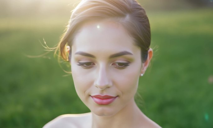 站在绿色草地上的美女模特的低角度特写肖像