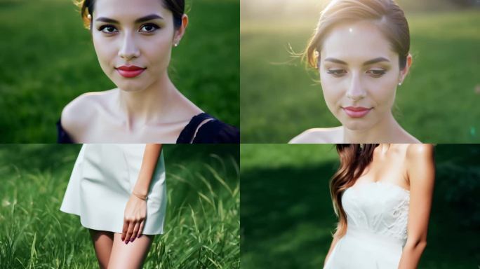 站在绿色草地上的美女模特的低角度特写肖像