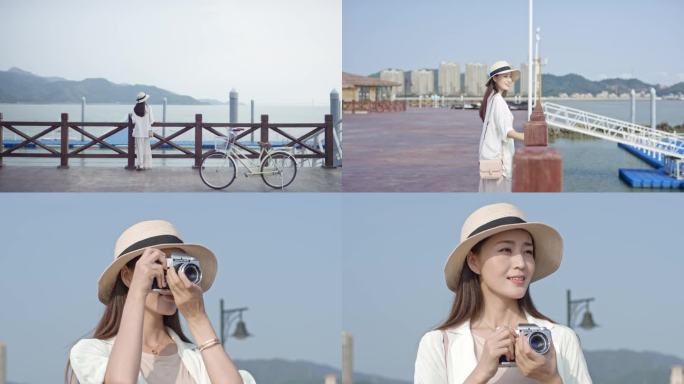 海边旅行看海吹海风美女