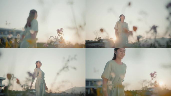 黄昏 健康生活 花海 美女闻花香