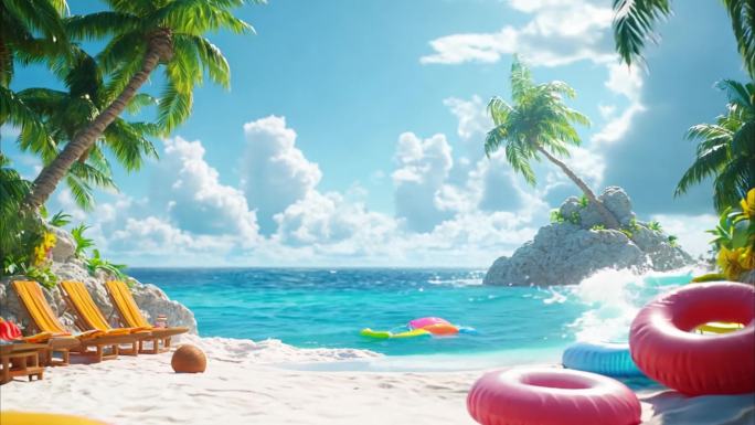 泳场椰林树影蓝天白云夏天阳光海滩海水