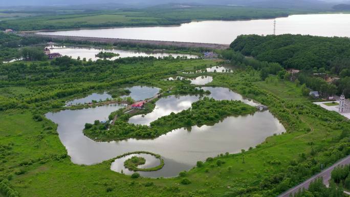 4K航拍鹤岗谕霖射击场清源湖松鹤西湖公园