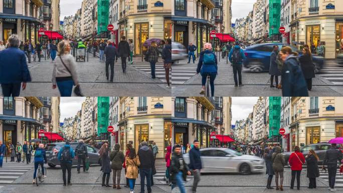 在欧洲法国巴黎，拥挤的人群和游客在Rue Montorgueil路街道，美食和饮料街散步观光的延时镜