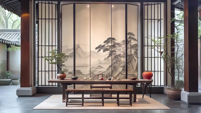 8K古风大殿茶舍博物馆屏风