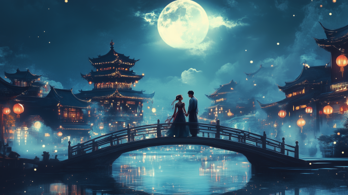 情人节国风水乡古镇月夜赏月